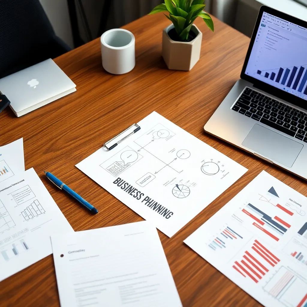 Strategische Planung mit Notizen, Diagrammen und einem Laptop auf einem Holztisch
